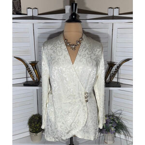 Vintage 90s John Phillips blazer cream satin paisley pattern rhinestones sz XL